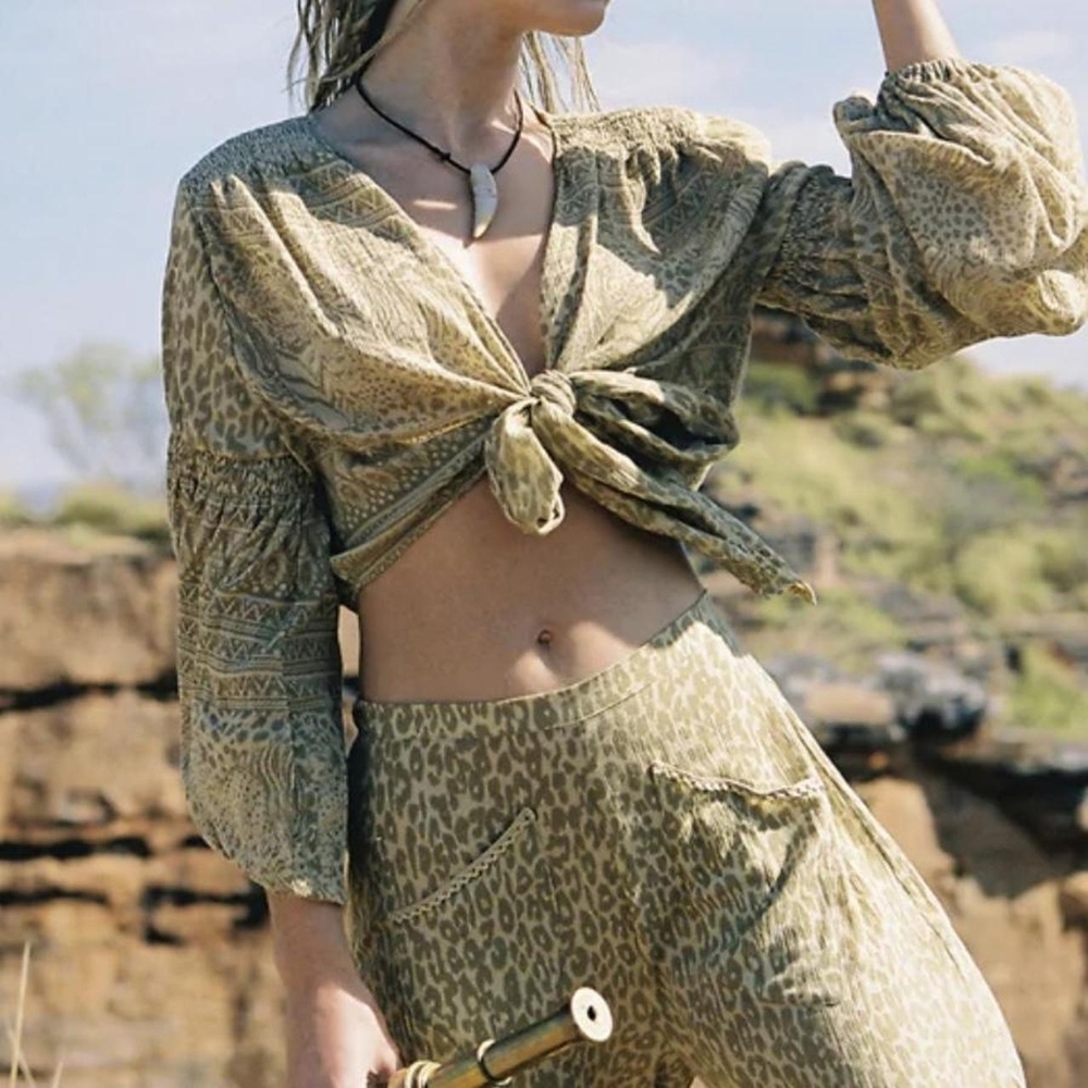 Spell Wild Thing Tie Top Mustard Leopard Boho Crop Blouse Size S